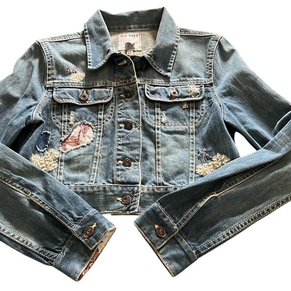 Old Navy Blue Denim Cropped Embellished Jean Jacket Size Medium Distressed Y2K - Picture 4 of 10